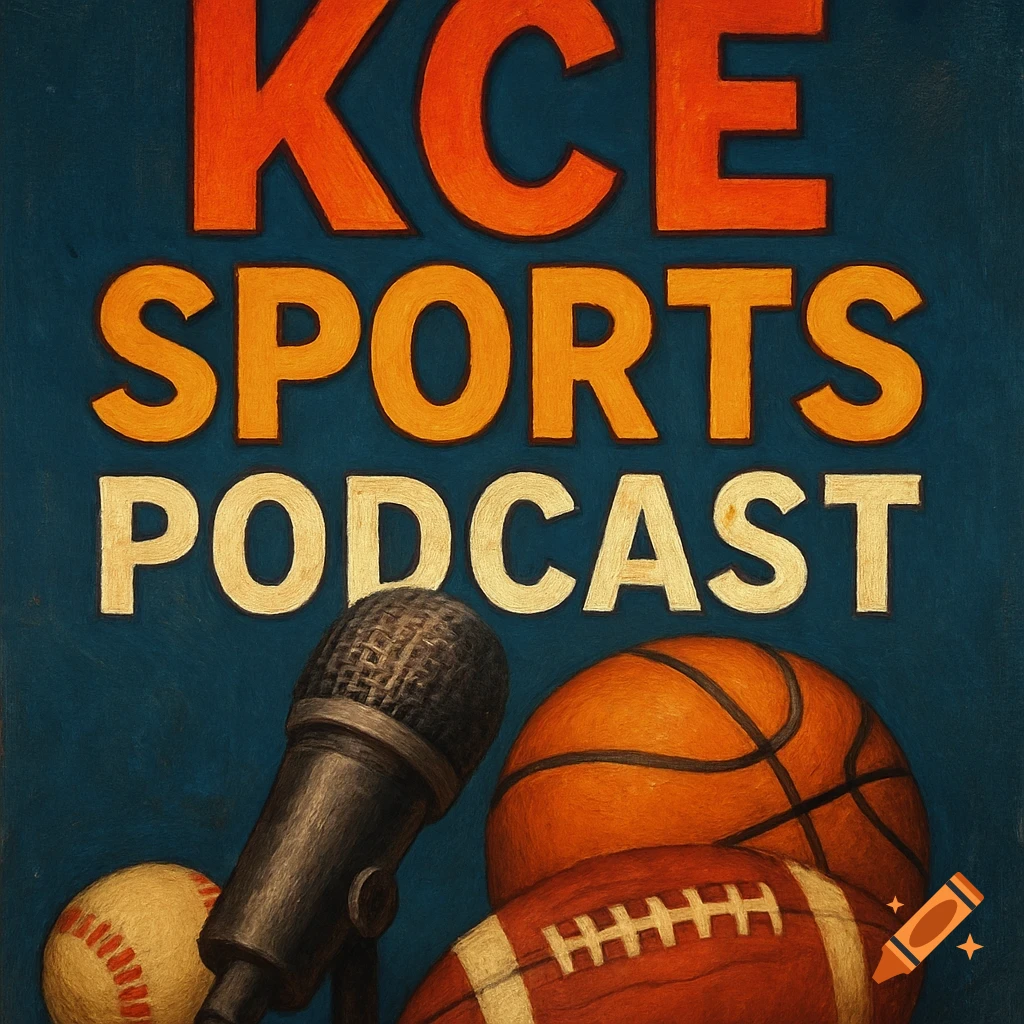 Text KCE SPORTS PODCAST above a microphone, basketball, football, and baseball.