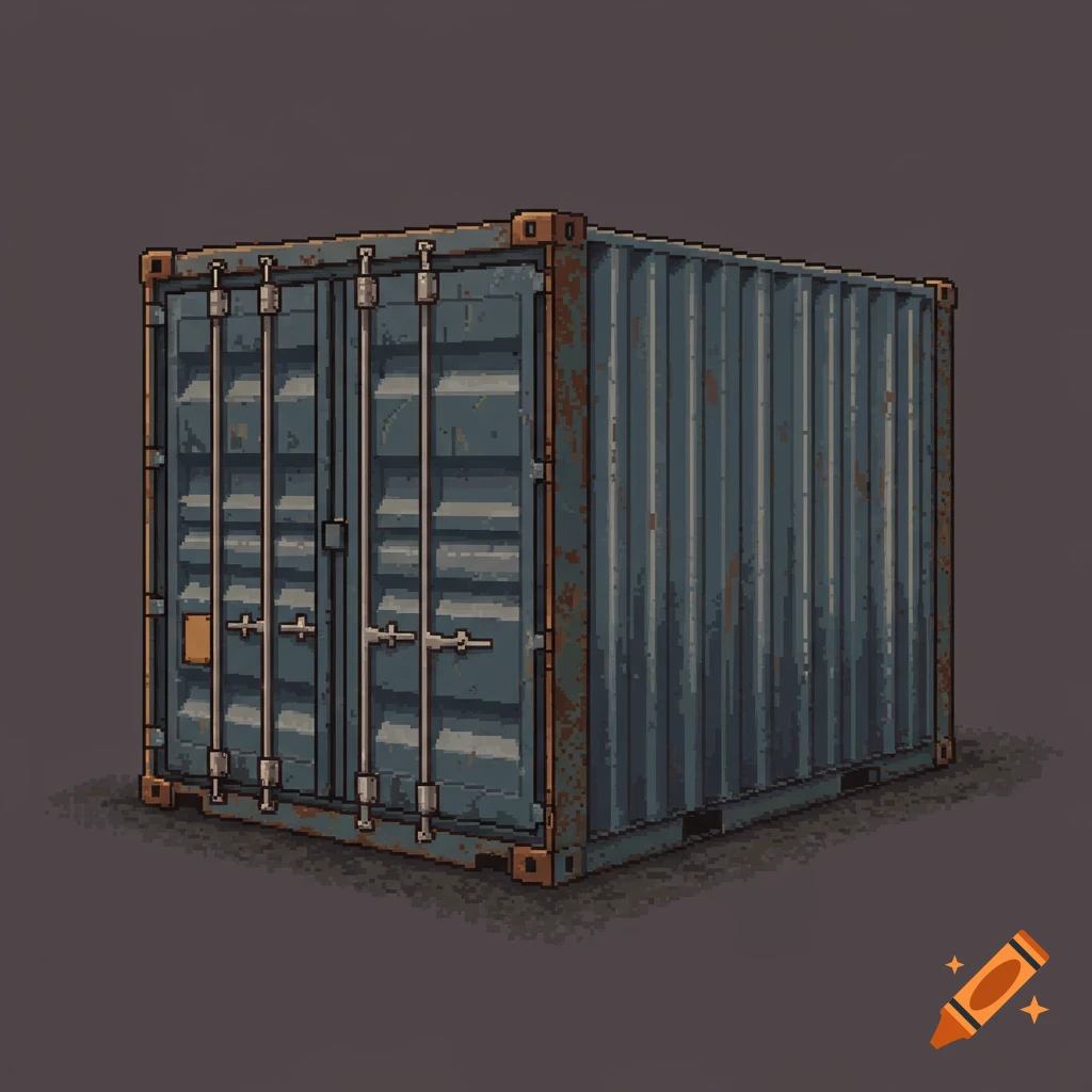 A pixel art rendering of a grey shipping container on a dark background ...