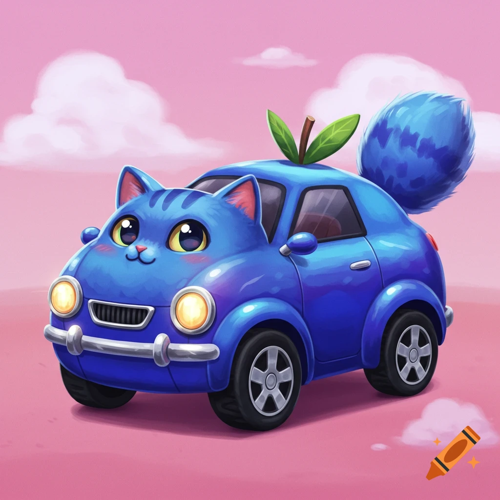 A cute blue cat-shaped car with big eyes and a fluffy tail, driving against a pink sky.