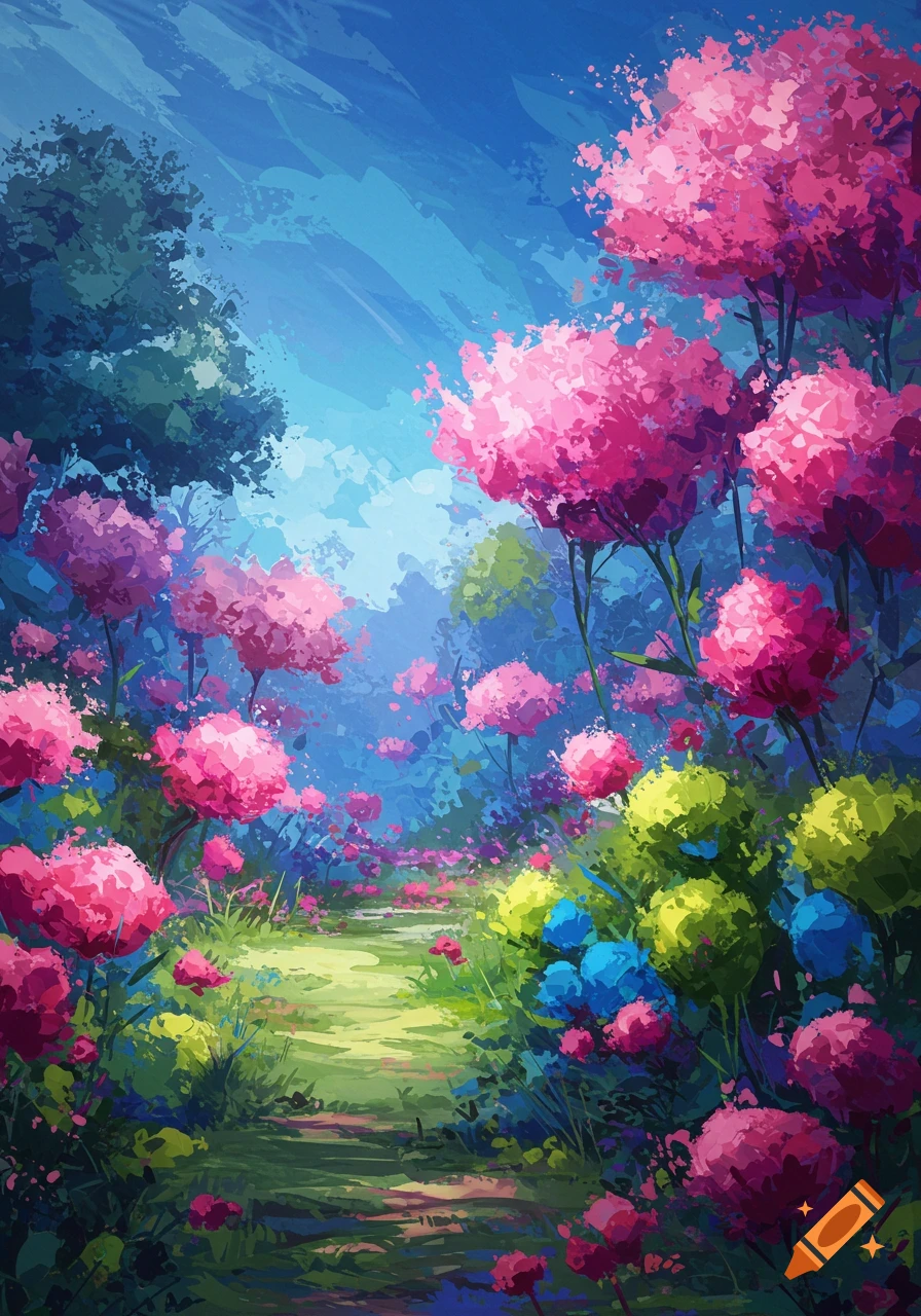 Abstract painting of a colorful garden path surrounded by vibrant pink and blue flowers.