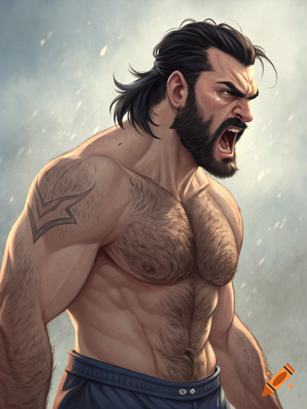 Illustration of a muscular man with a beard yelling, showing his chest and arm.