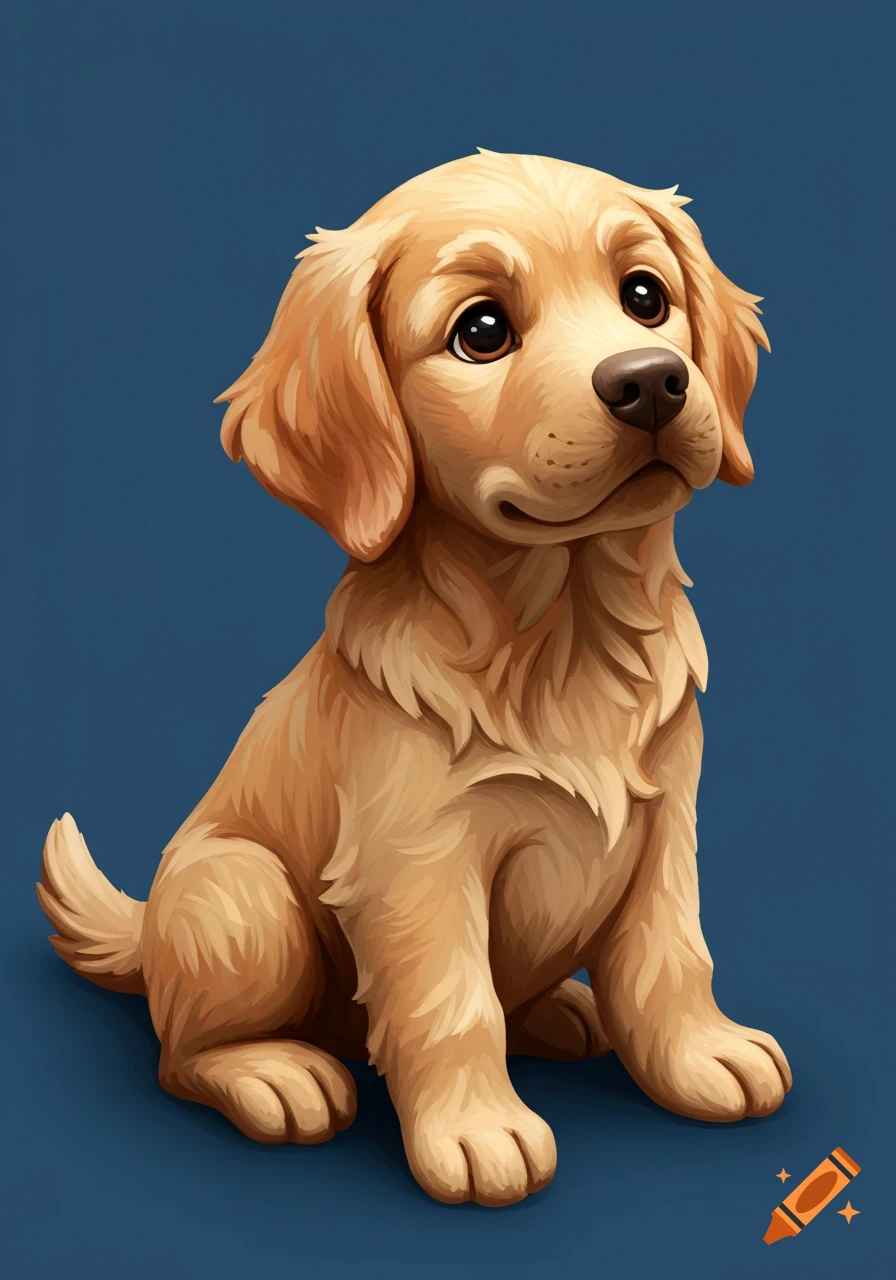 Illustrative golden retriever puppy sitting on a blue background