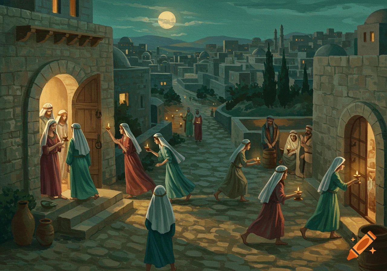 Painting of women with oil lamps in an ancient city courtyard at night under a full moon.