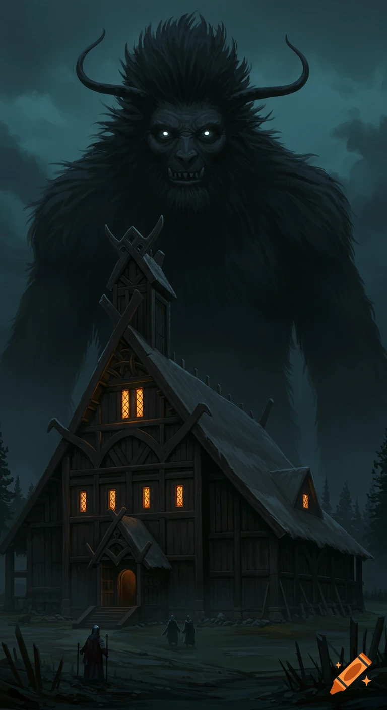 Giant dark monster with horns and glowing eyes looms over a large wooden hall at night.