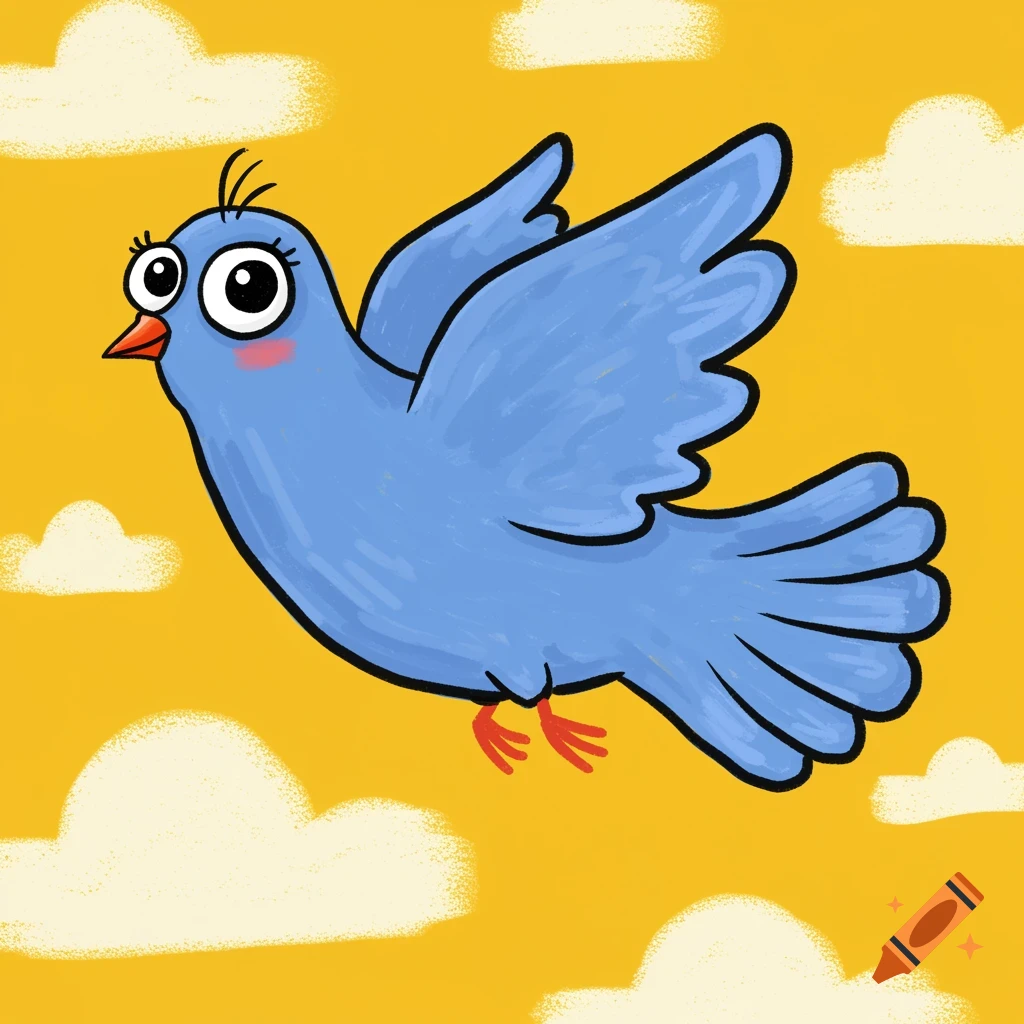 A cartoon blue bird with large eyes and rosy cheeks flies through a bright yellow sky with simple clouds.