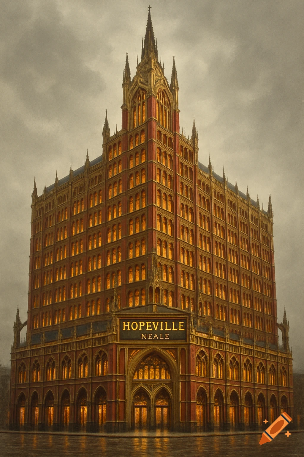 A giant red and gold gothic-style building with a sign reading 'Hopeville' under a cloudy sky.
