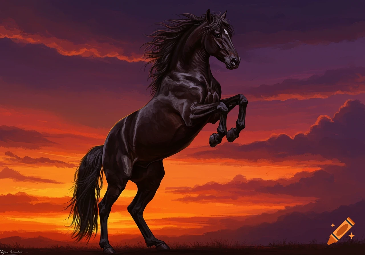 A striking black stallion rears against a dramatic orange and purple sunset sky.
