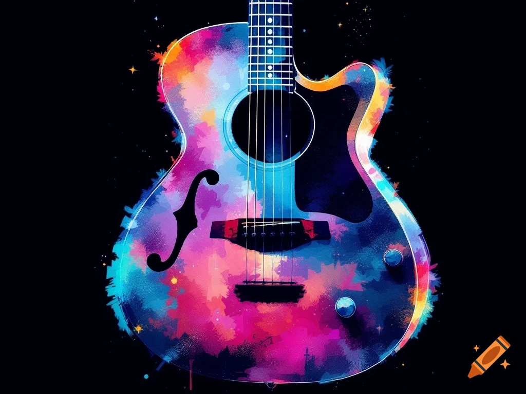 A guitar covered in colorful watercolor paint splatters against a black background.