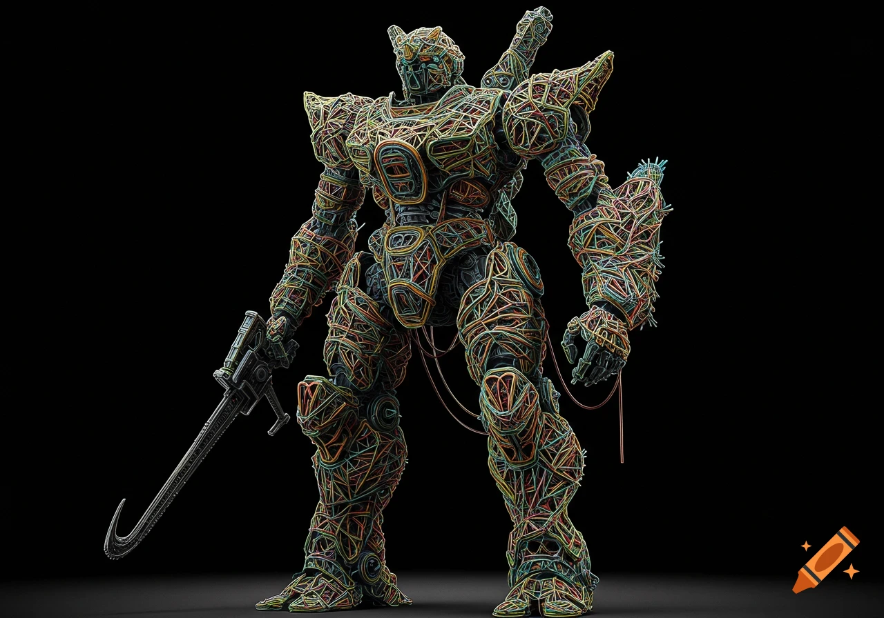 A mecha figure made of colorful strings stands with a hooked sword.