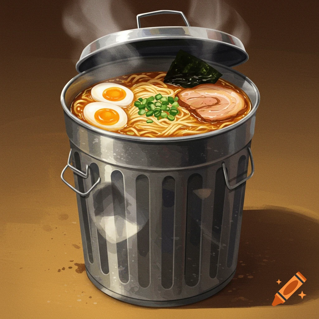 Ramen noodles and toppings in a metal trash can.