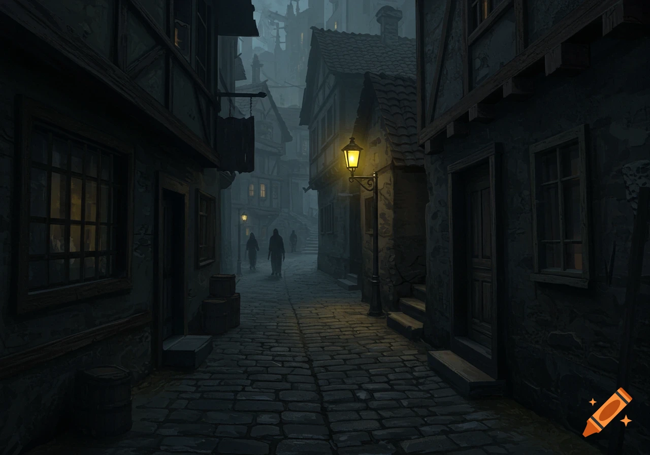 A dark, atmospheric village street with figures walking under a lamp post.