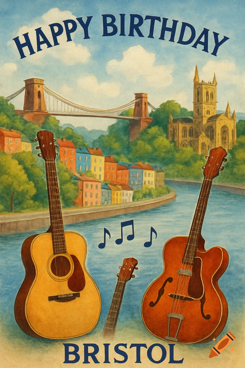 Watercolor illustration of Bristol with bridge, cathedral, skyline, guitars, music notes, and 'HAPPY BIRTHDAY BRISTOL' text.