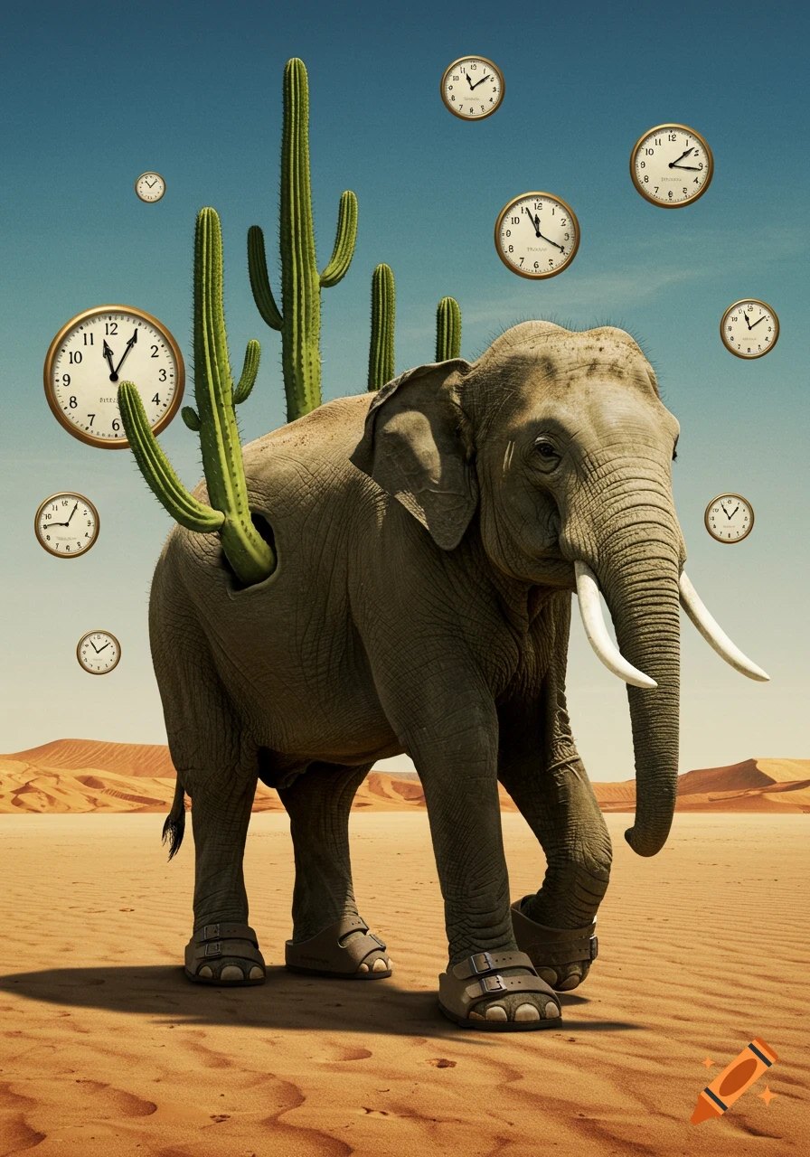 A surreal image of an elephant, partly made of cacti, wearing sandals in a desert landscape with floating clocks in the sky, in a Salvador Dali style.