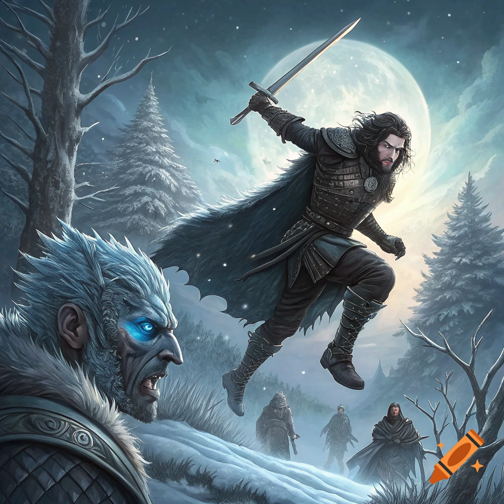 Fantasy illustration of a character like Jon Snow leaping with a sword towards a White Walker in a snowy, moonlit forest.