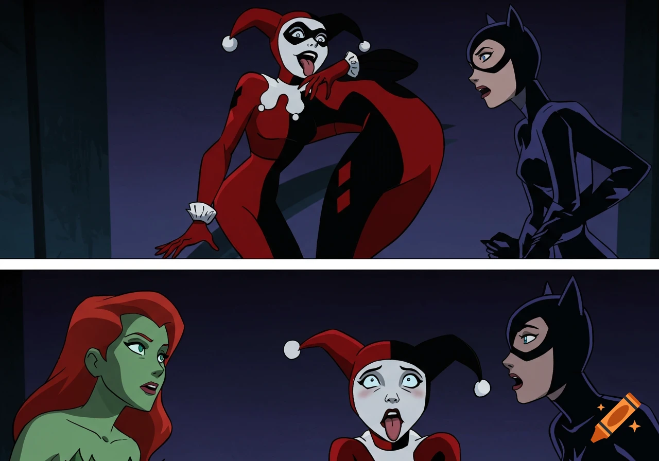 Harley Quinn does a backbend making a silly face while Poison Ivy and Catwoman look on surprised, in the style of Batman: The Animated Series.