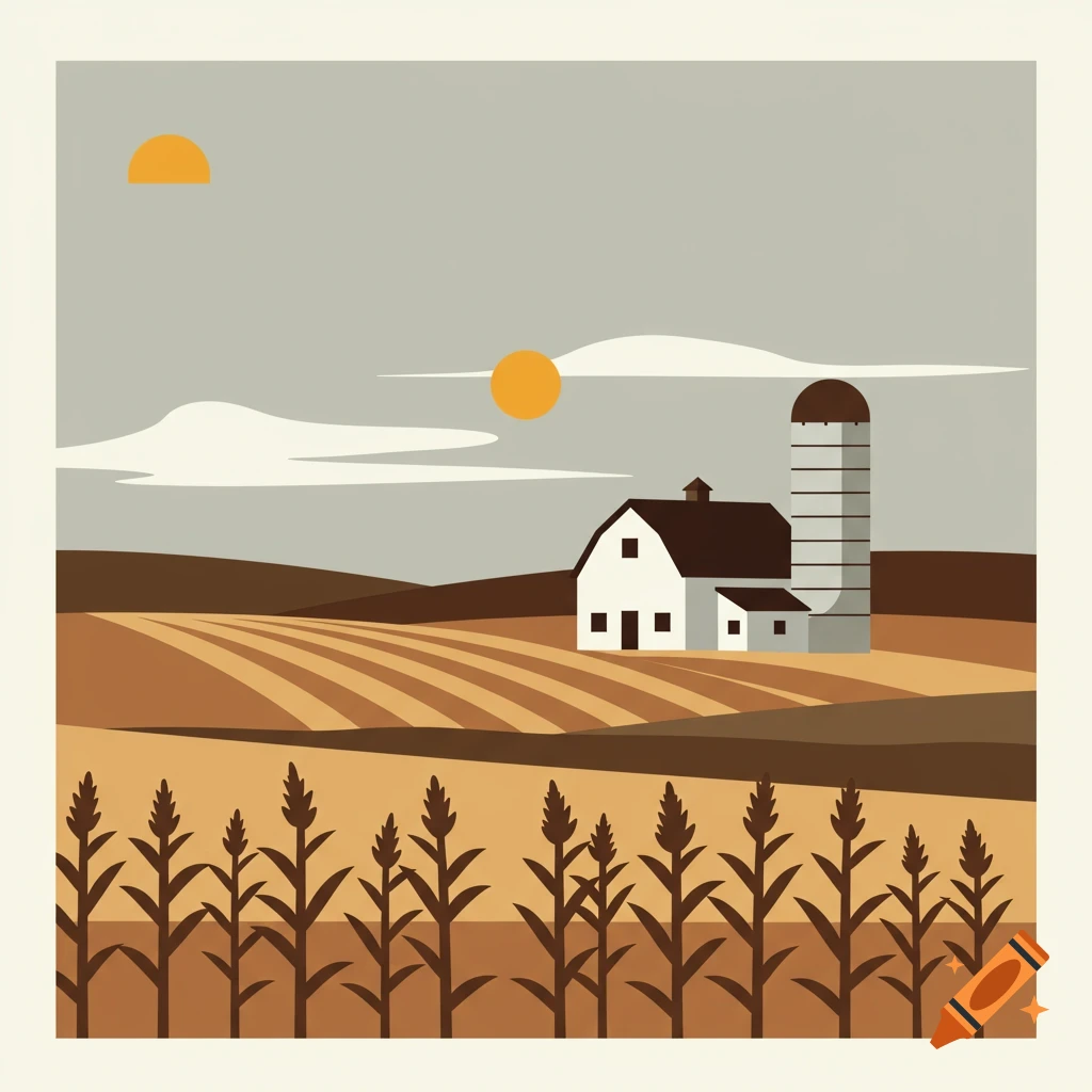 A minimalist vector graphic illustration of a farm with a barn, silo, fields, and crops under a cloudy sky with two sun shapes.