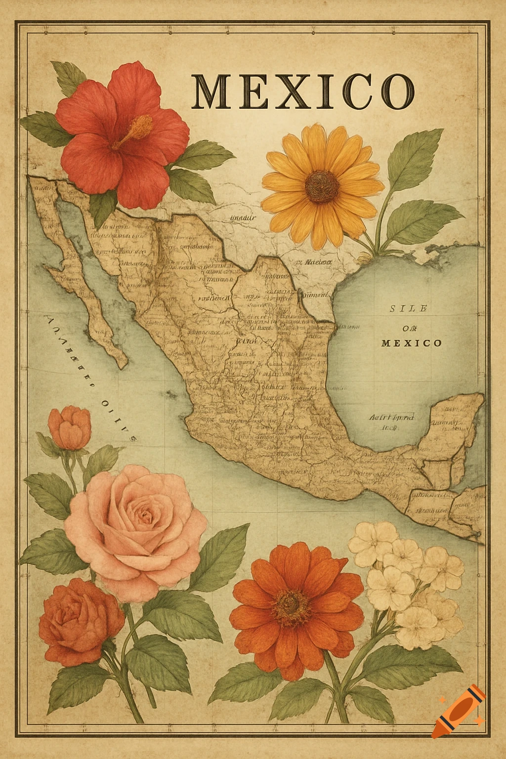 Vintage map of Mexico with various colorful flowers surrounding it.