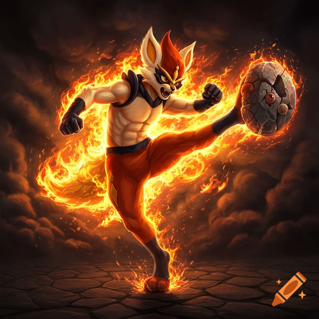 Realistic Cinderace covered in flames kicking a rock
