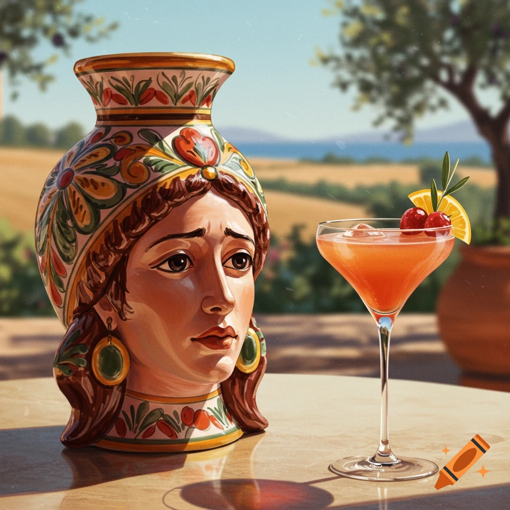 A decorative ceramic vase shaped like a woman's head sits next to a cocktail on a table outdoors.