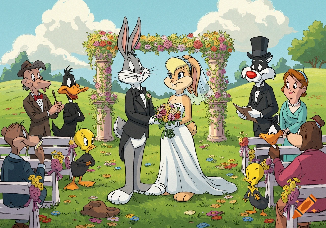 Bugs Bunny and Lola Bunny wedding ceremony with Looney Tunes characters attending in a cartoon style.