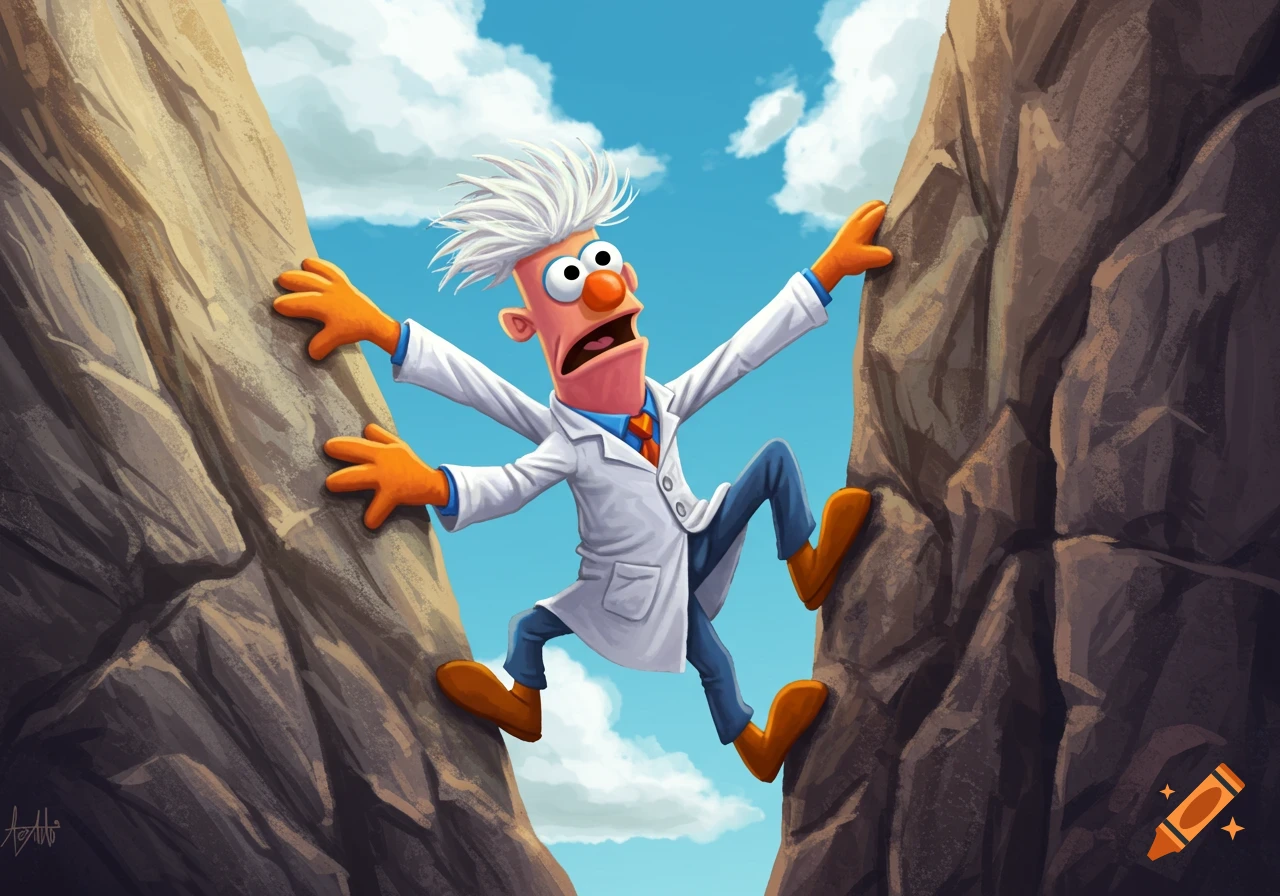 Illustration of the Muppet Beaker struggling to rock climb between two cliffs.