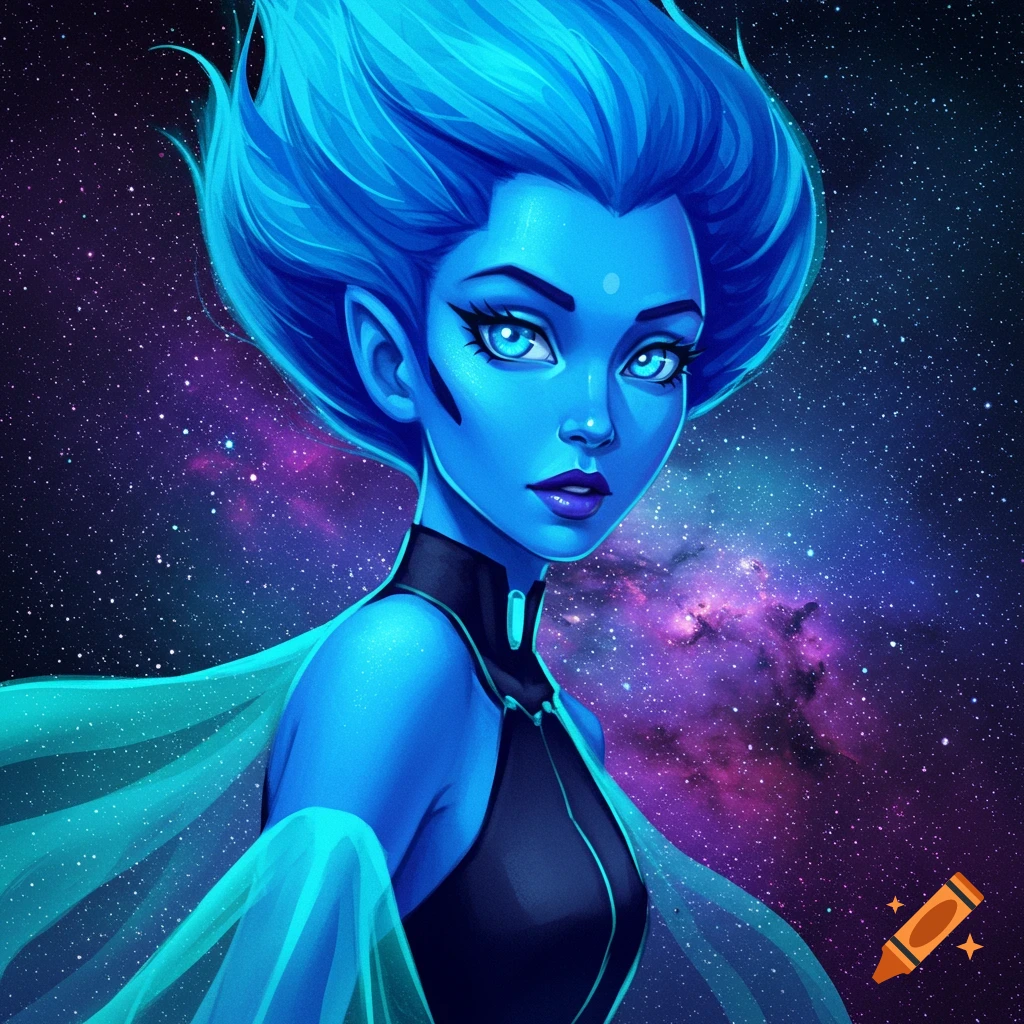 A blue-skinned humanoid with bright blue hair against a starry galaxy background, digital painting.