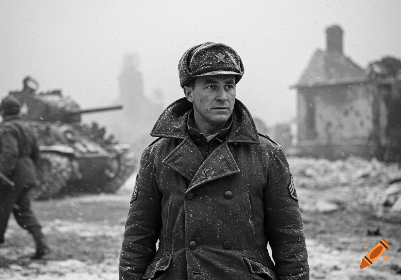 Black and white photo of a soldier in a winter coat and hat, standing in a snowy warzone with a tank behind him.
