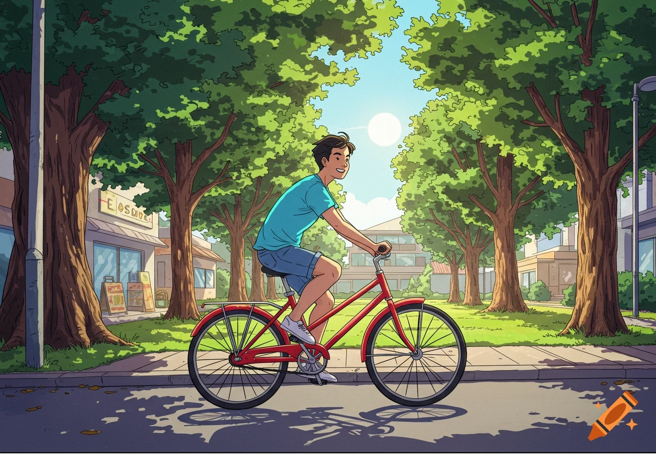 Illustration of a young man riding a red bicycle down a street lined with trees and buildings on a sunny day.