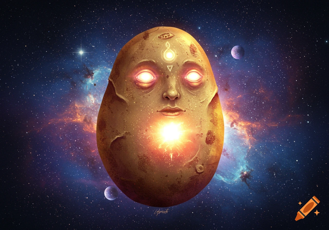 A potato with a human face and glowing eyes floats in a starry cosmic background with nebulae and planets.