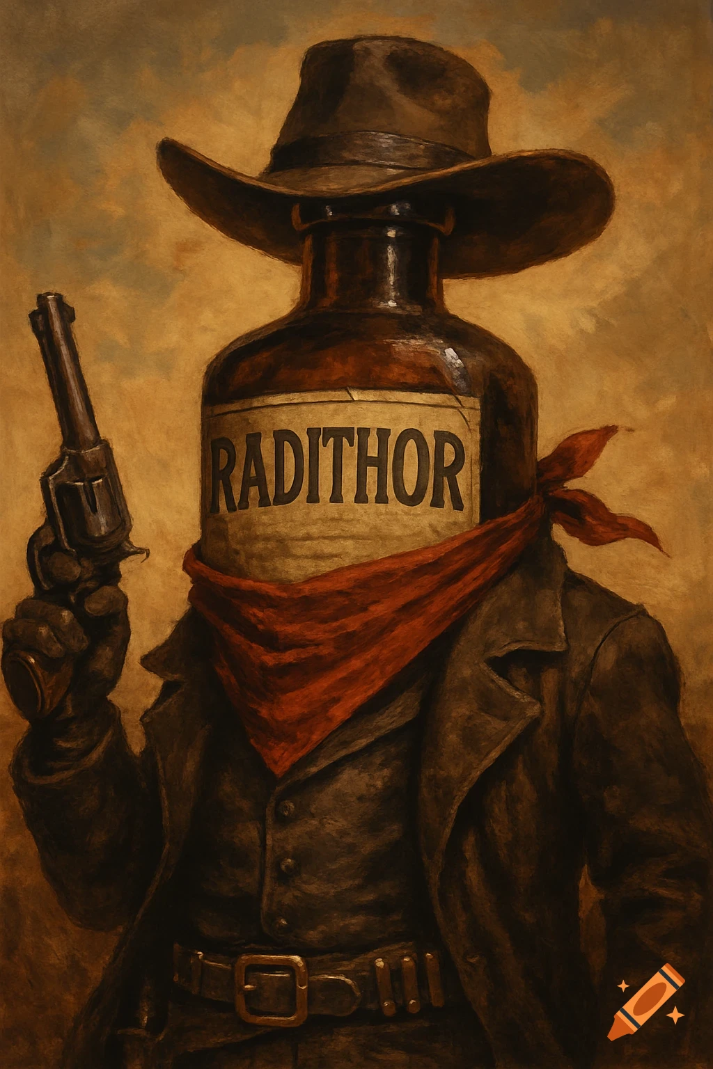 A bottle character dressed as a cowboy holding a gun, labeled RADITHOR, in a painting style.
