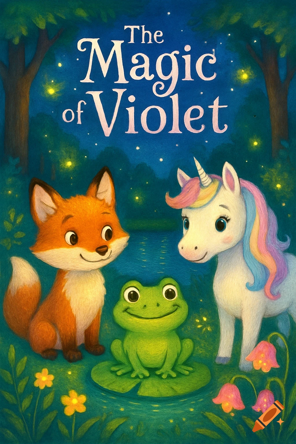 A charming illustration of a fox, frog, and unicorn in a magical forest with the title 'The Magic of Violet'