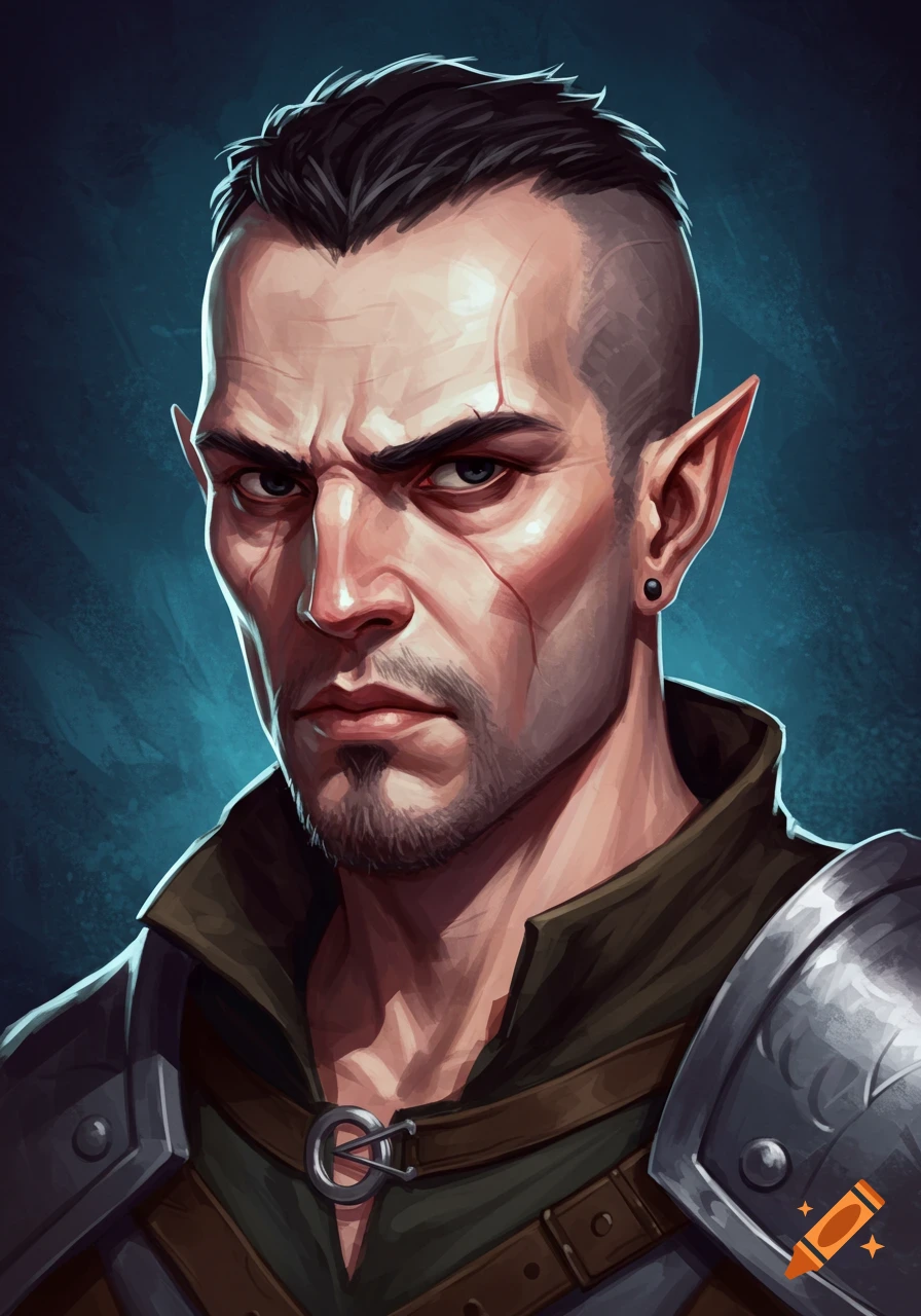 A male fantasy character portrait with pointed ears and armor.