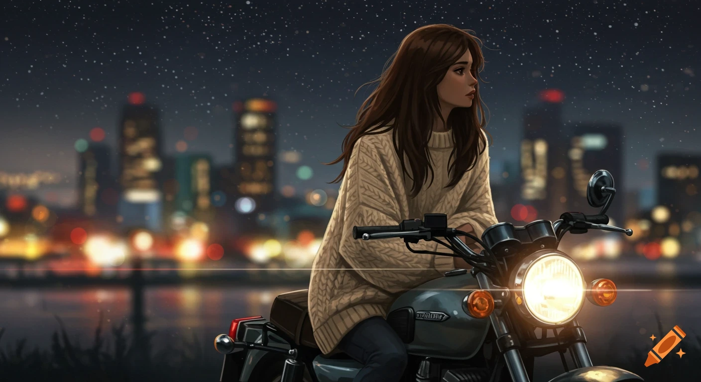 A woman on a motorcycle at night with blurry city lights in the background.