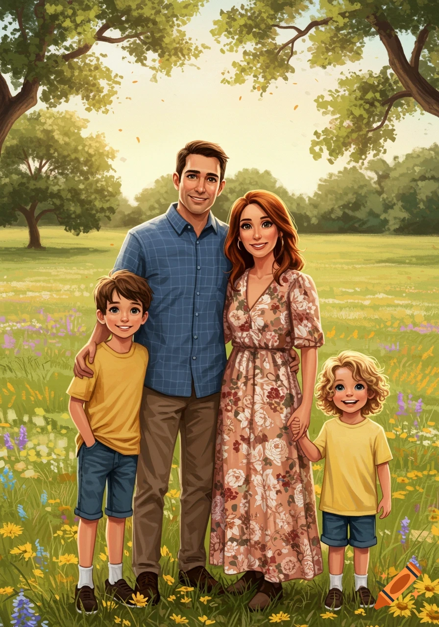A family of four standing in a field of wildflowers.