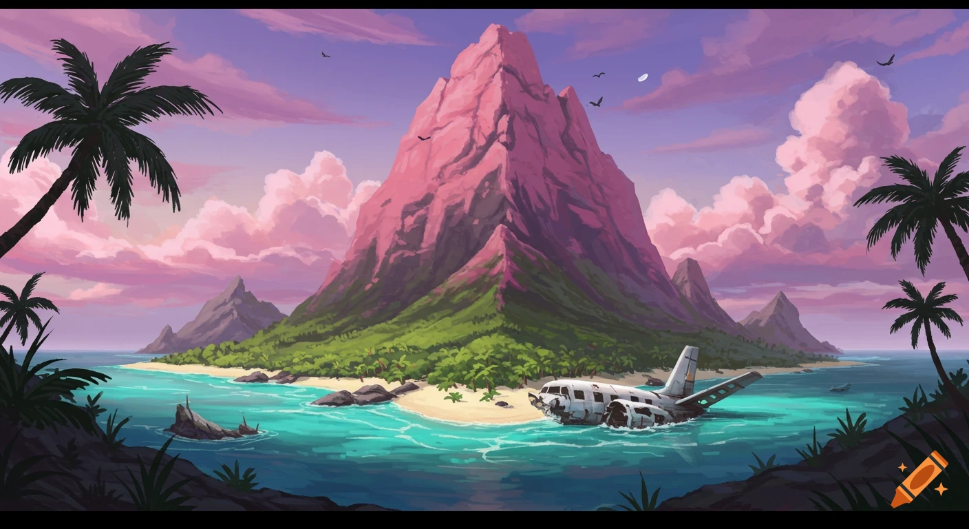 A stylized drawing of a tropical island with a pink mountain, palm trees, a crashed plane on the beach, and a colorful sky.