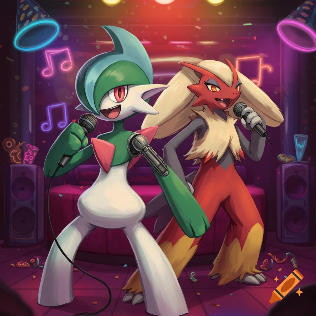 Gallade and Blaziken sing karaoke in a colorful club