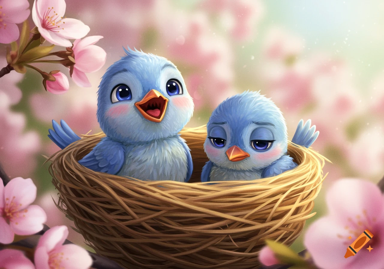 Two cute baby blue birds in a nest among pink cherry blossoms. One looks  happy, the other sad. Illustration. on Craiyon, image size:1280x896