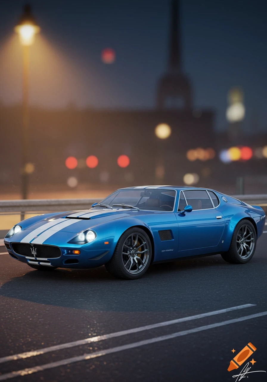Blue sports car with white stripes on a road at dusk.