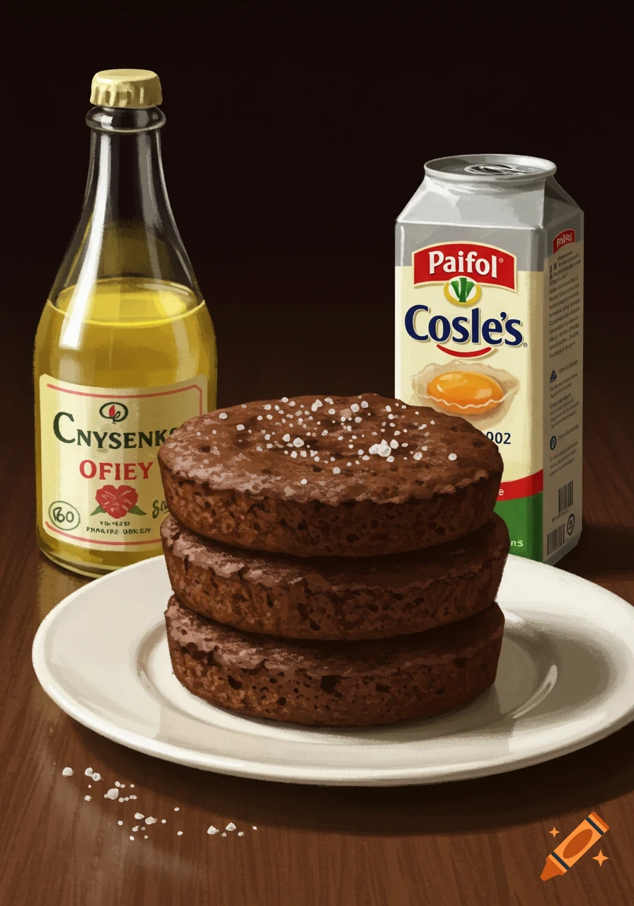 Chocolate cakes stacked on a plate next to a bottle and a carton on a wooden table.