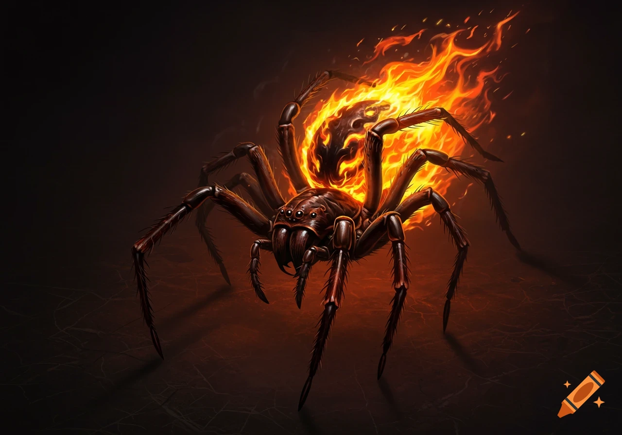 A dark spider with fire on its back
