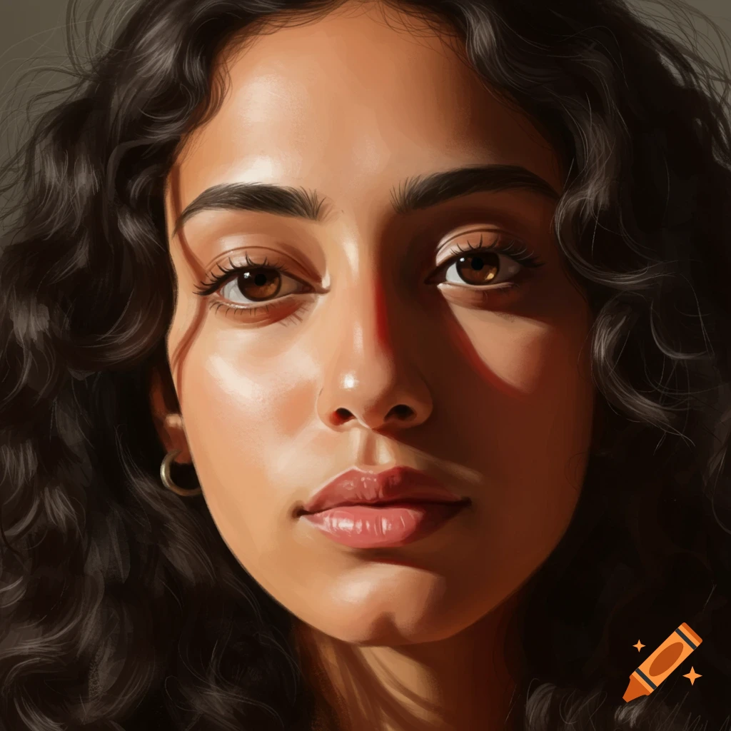 Close-up portrait of a woman's face with curly dark hair and warm lighting.