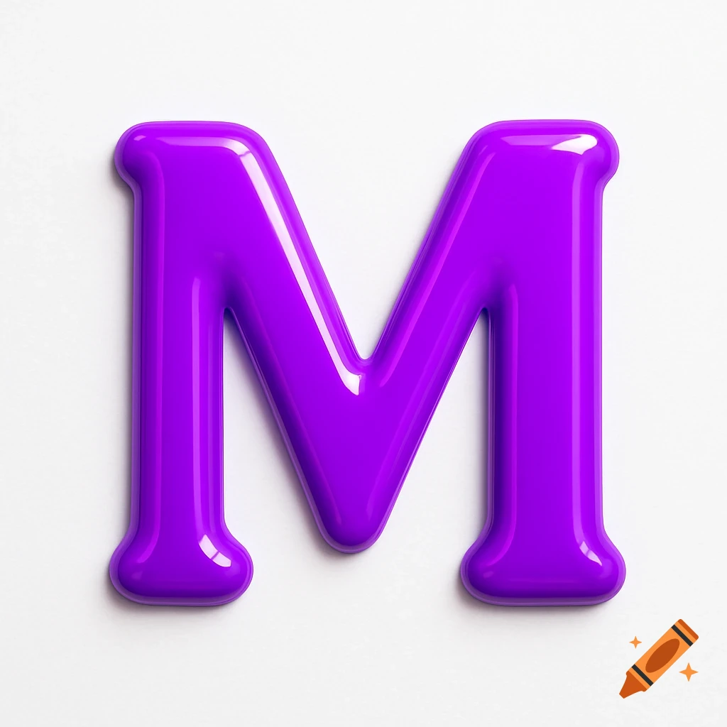A bright purple glossy letter M on a white background.