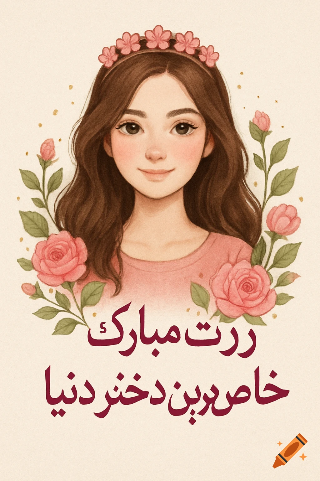 Stylized illustration of a girl with a flower crown and roses, with Persian text.