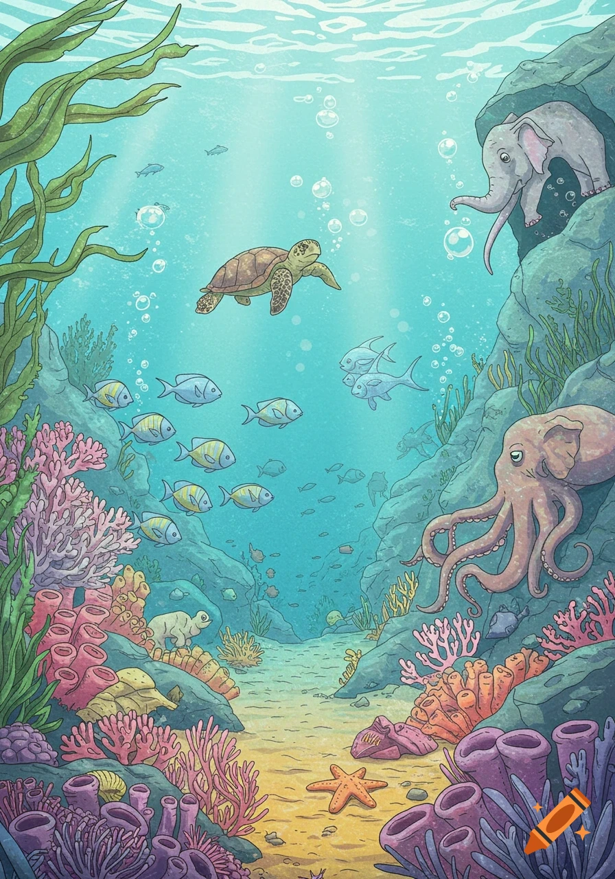 An underwater illustration of a turtle swimming above fish, coral, and an octopus, with an elephant looking from a rock.