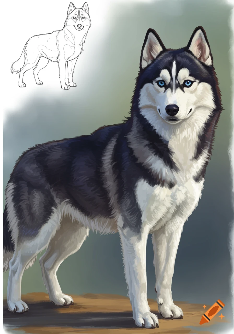 Siberian Husky with a sketch outline.