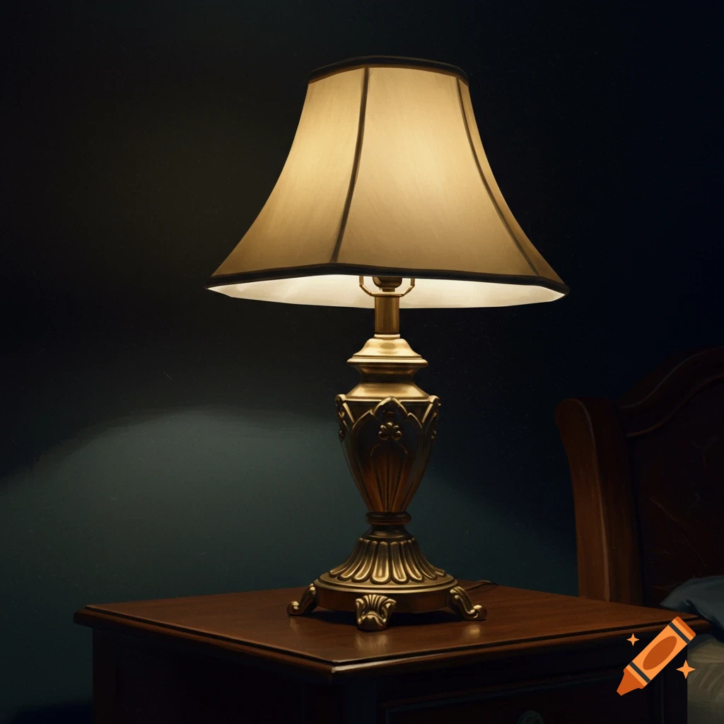 An illuminated lamp sits on a table in a dark room.