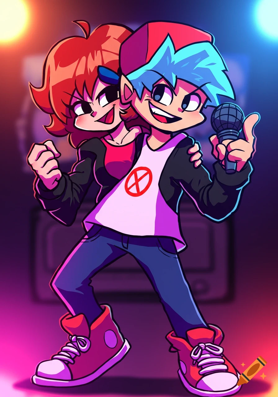 Friday Night Funkin' characters Boyfriend and Girlfriend on a stage