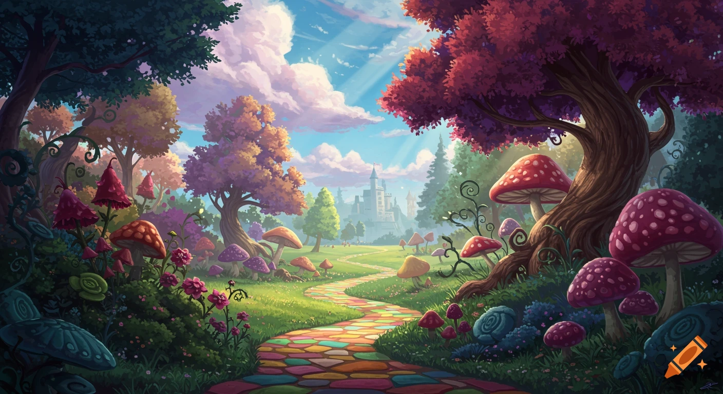Winding path through a vibrant, whimsical fantasy forest with large mushrooms and a castle in the distance.