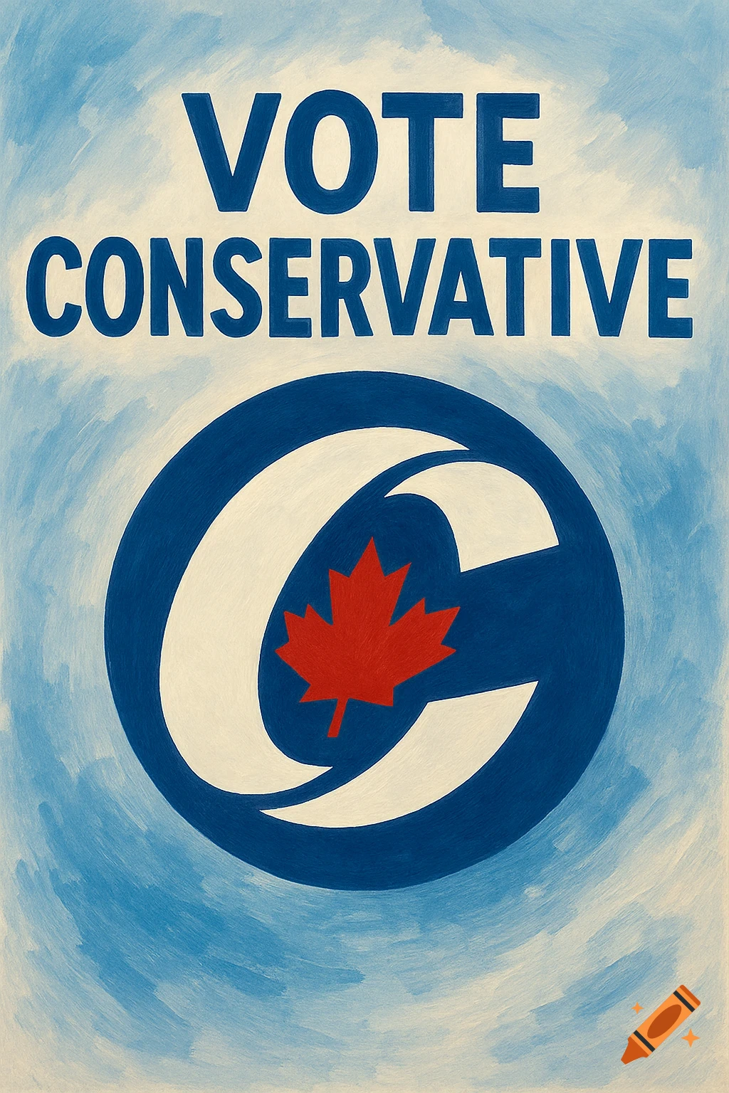 Political poster with 'VOTE CONSERVATIVE' text and a logo featuring a blue circle with a white 'C' and red maple leaf.
