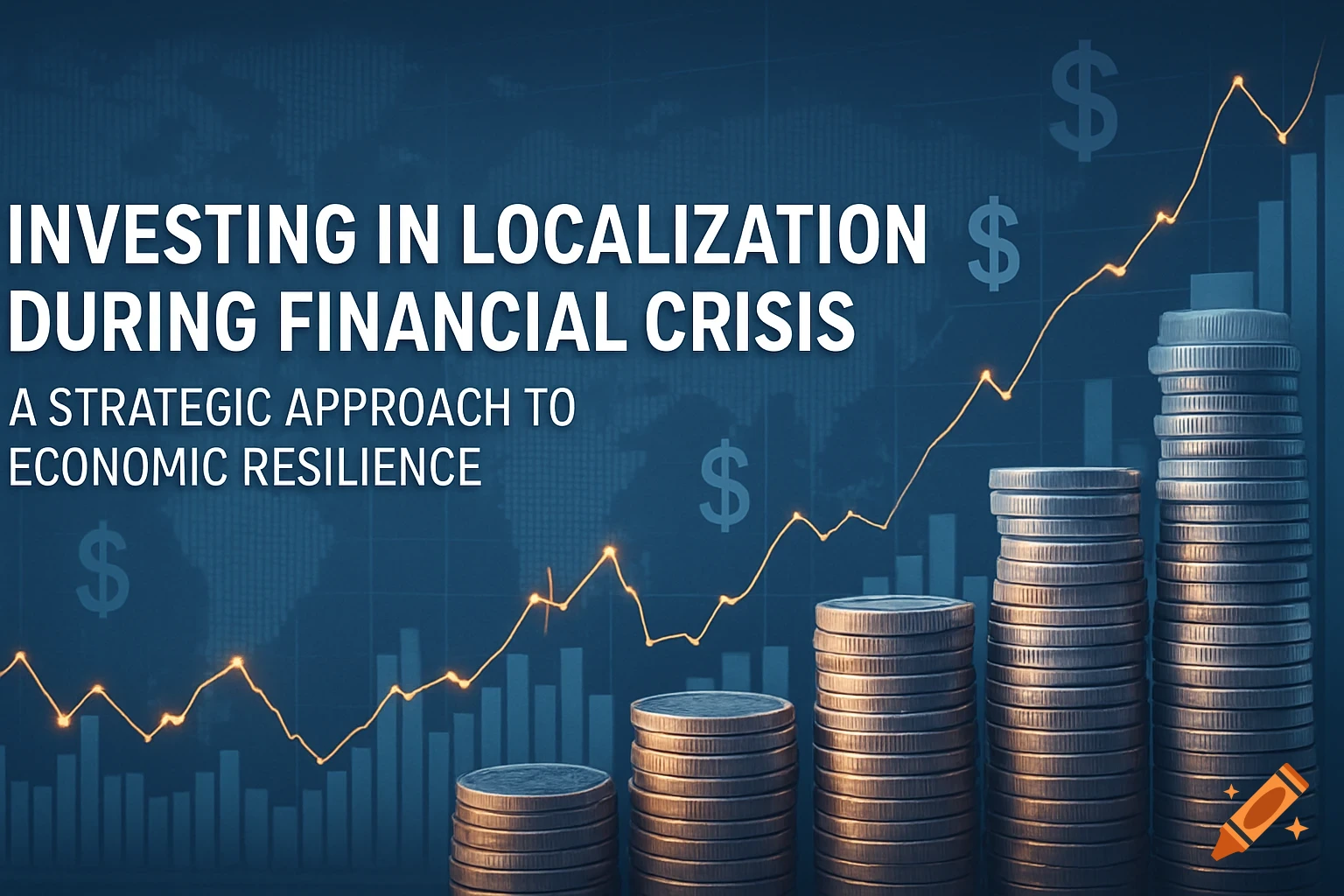 Graphic with stacks of coins, an upward trend line, dollar signs, and the text "Investing in Localization During Financial Crisis: A Strategic Approach to Economic Resilience".